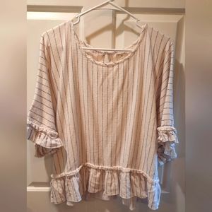World Market Blouse Womans L/XL White Striped Ruffle Western Casual Classic